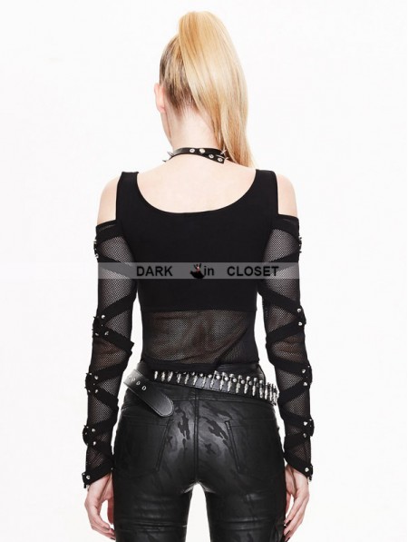 Devil Fashion Black Off The Shoulder Gothic Punk Mesh T Shirt For Women