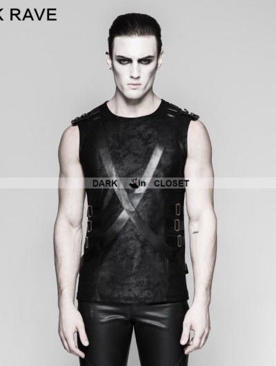 Punk Rave Black Gothic Pu Leather Sleeveless Military Uniform T Shirt