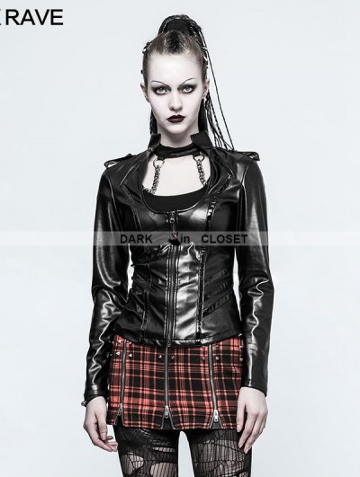 Punk Rave Black Gothic Military Uniform Sexy PU Leather Shirt For Women