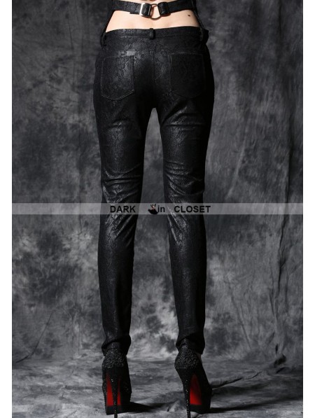 Dark in Love Black Gothic Embossed Lace Leather Pants with Flower&cord ...