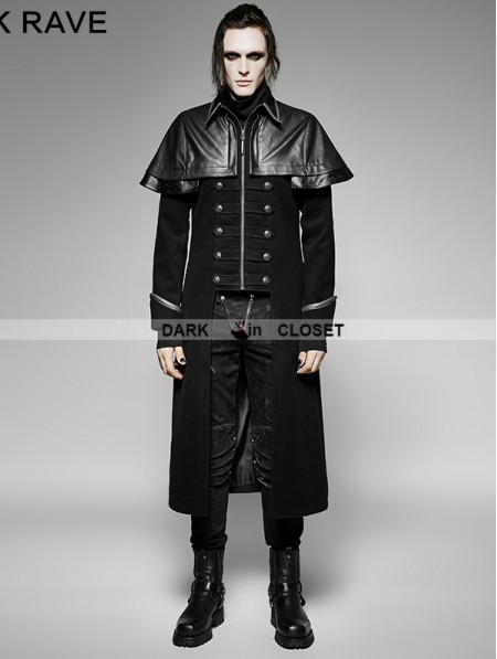 Punk Rave Black Gothic Military Uniform Long PU Leather Coat for Men ...