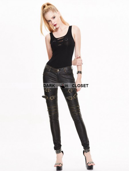Devil Fashion Black and Bronze Gothic Buckle Belt PU Pants for Women ...