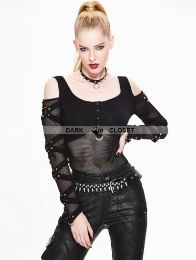 Devil Fashion Black Off-the-Shoulder Gothic Punk Mesh T-Shirt for Women ...