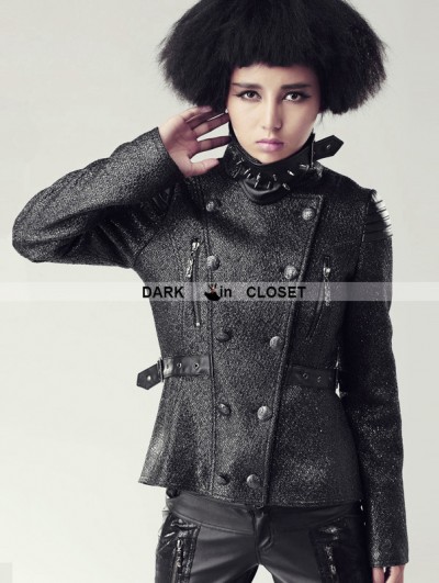 Punk Rave Black Gothic Heavy Metal Spike Military Coat For Women