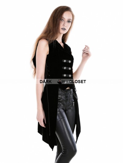 Punk Rave Black Gothic Military Womens Long Vest with Hood