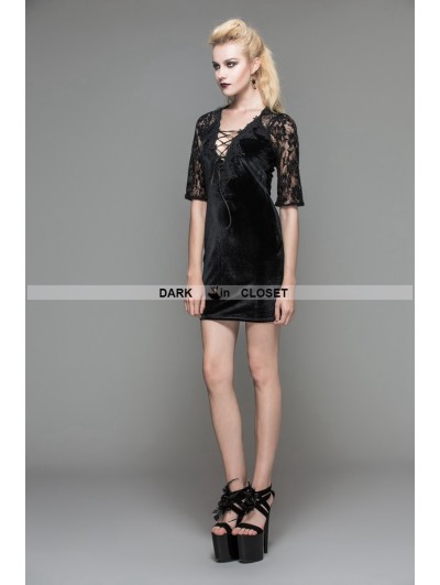 Devil Fashion Black Velvet Half Sleeves Lace Short Dress