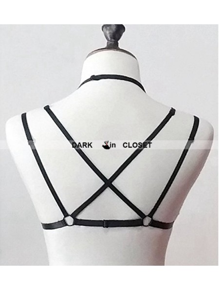 Black Sexy Gothic Harness Elastic Cupless Bra 0008 - DarkinCloset.com