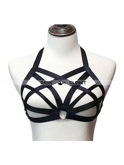 Black Elastic Hollow Out Gothic Harness Cupless Bra 0013 
