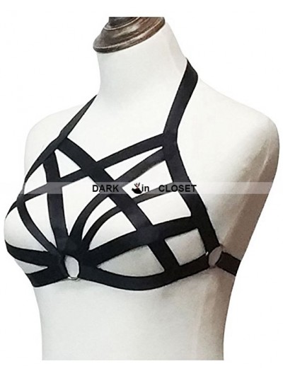 Black Elastic ollow Out Gothic Harness Cupless Cage Bra 0014 