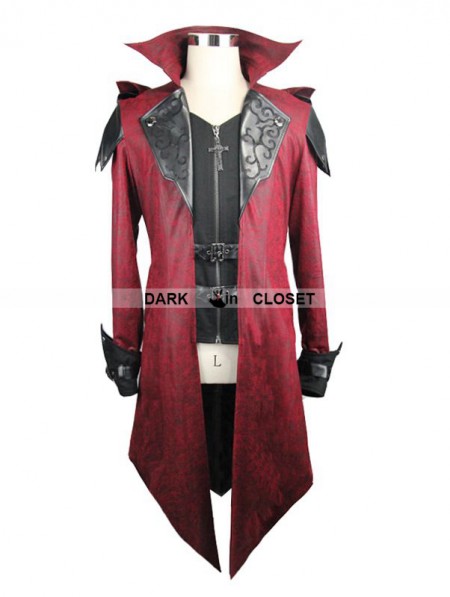 Devil Fashion Black and Red Vintage PU Leather Gothic Trench Coat for ...