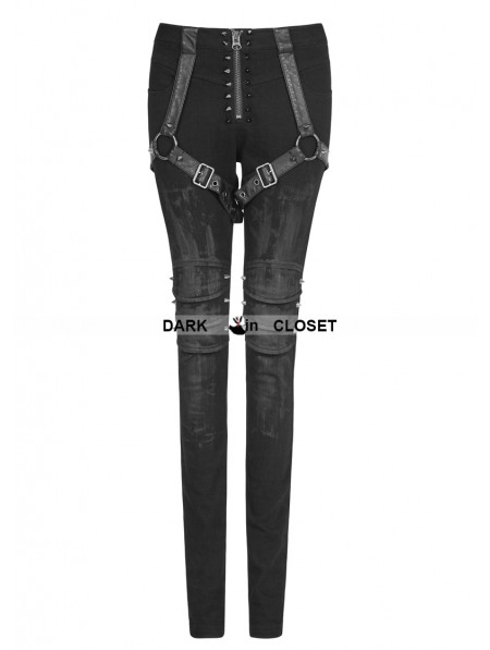 Punk Rave Black Gothic Punk Armor Brush Gum Pants for Women ...