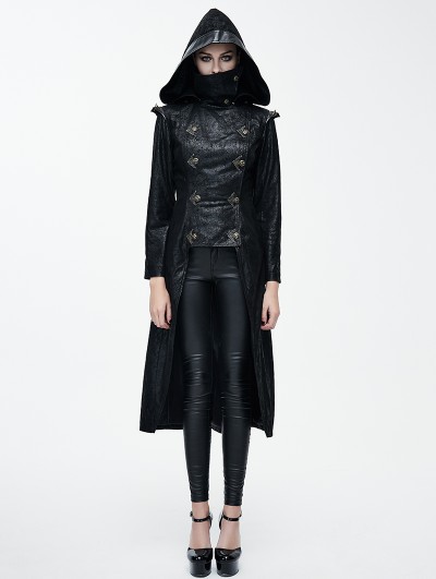 Devil Fashion Black Leather Gothic Punk Military Coat for Women
