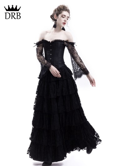 Rose Blooming Black Lace Romantic Vintage Gothic Corset Long Prom