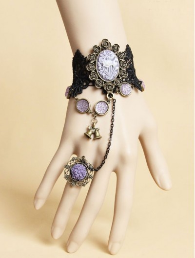 Gothic Prom Black Lace Portrait Pearl Jewel Female Bracelet With Ring One  Chain - Magic Wardrobes