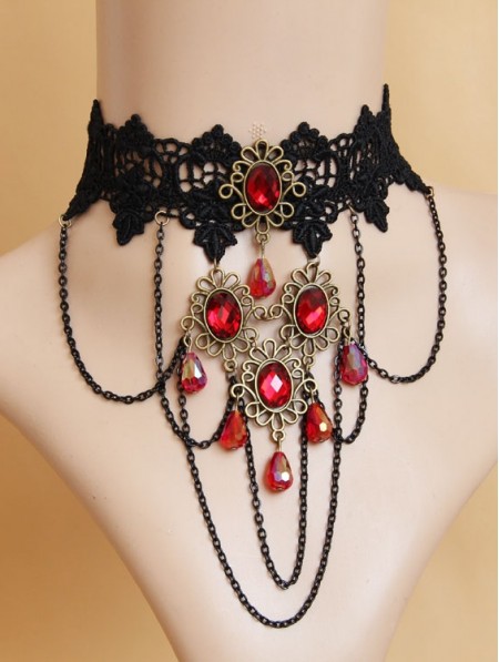 Handmade Black Lace Red Pendant Chain Gothic Vampire Necklace ...