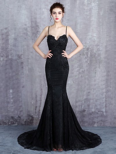 Black Gothic Spaghetti Straps Lace Mermaid Wedding Dress