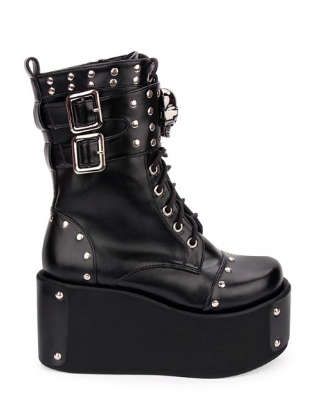 Black Gothic Punk Skull Buckle Belt Platform Boots for Women ...