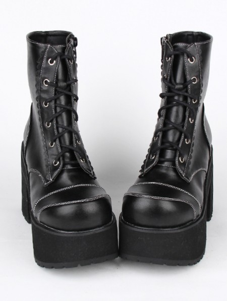 Black Gothic Lace Up Platform Chunky Heel Mid-Calf Boots - DarkinCloset.com