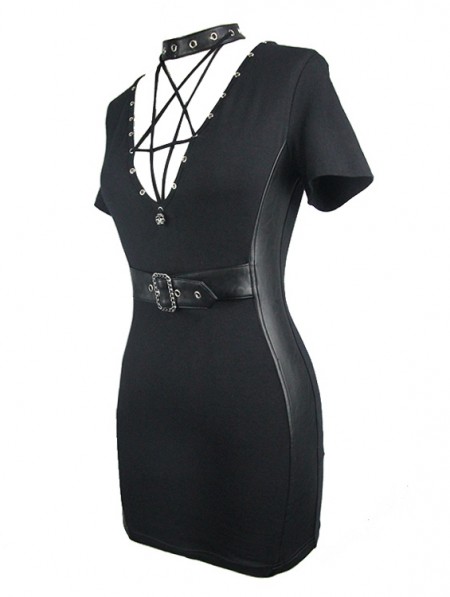 Devil Fashion Black Gothic Punk Pentagram Harness Sexy Short Dress