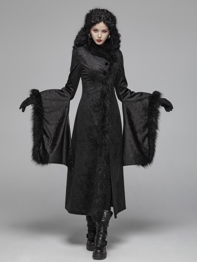 Punk Rave Black Gothic Gorgeous Jacquard Winter Warm Long Coat for Women