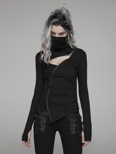 PUNK RAVE Women's Gothic Drop-Neck Daily T-Shirt Elastic Rose & Texture  Knitting Splicing Personalized Dark Tops Autumn/winter