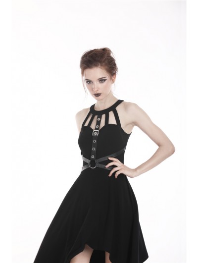 Casual gothic black high collar asymmetrical jersey dress with body harness