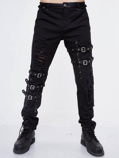 Devil Fashion Black Gothic Punk Hole Long Jeans for Men - DarkinCloset.com