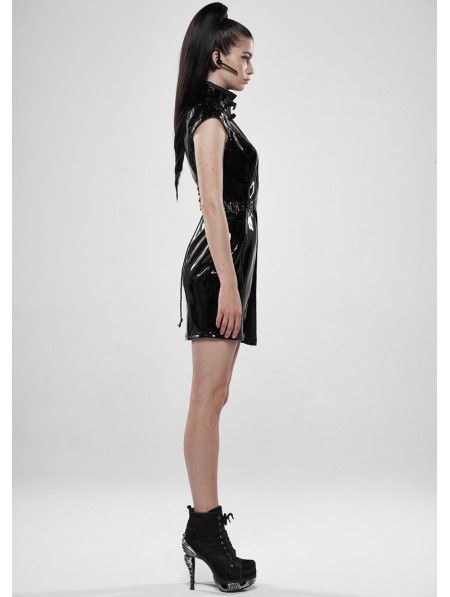Punk Rave Black Gothic Punk Latex Chinese Style Short Dress