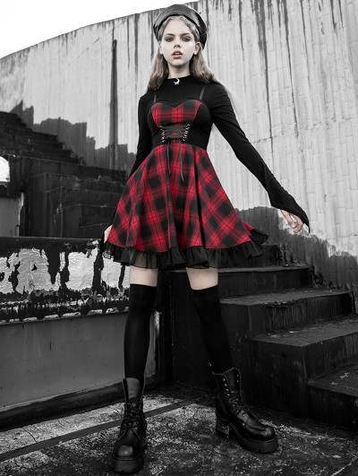 Punk Rave Black and Red Plaid Gothic Street Fashion Short Dress 