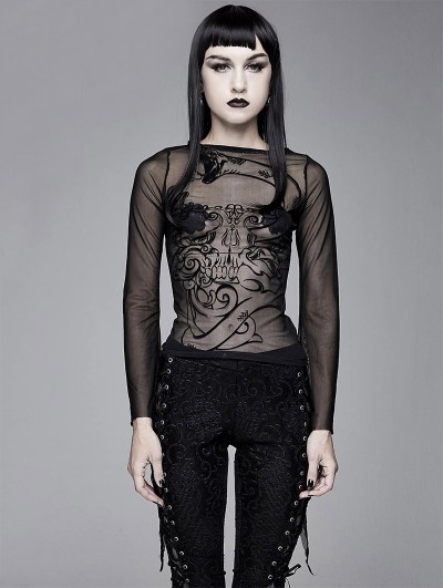 Devil Fashion Black Gothic Sexy Long Sleeve Transparent T-Shirt
