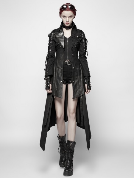 Punk Rave Black Long Sleeves Leather Gothic Trench Coat for Women ...