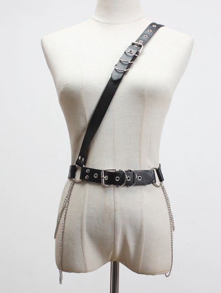 Black Gothic Punk PU Leather One-Shoulder Chain Buckle Belt Harness ...