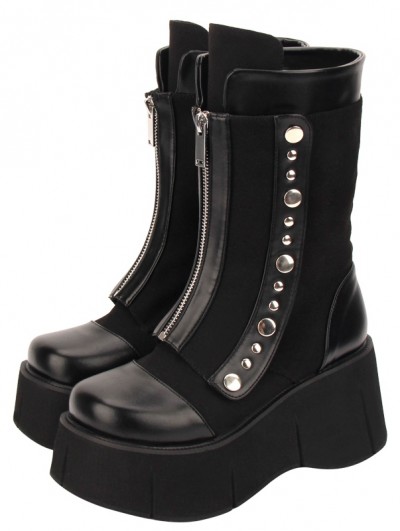 Black Gothic Punk Rivet Zipper Platform Mid-Calf Boots for Women - DarkinCloset.com