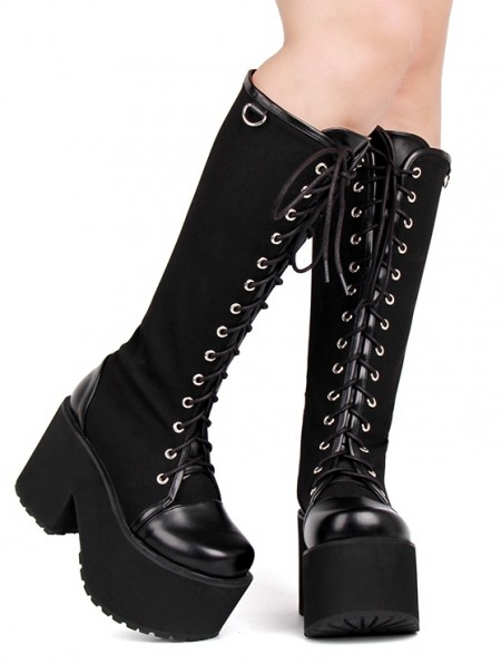Black Gothic Punk Lace Up Knee Platform Boots For Women
