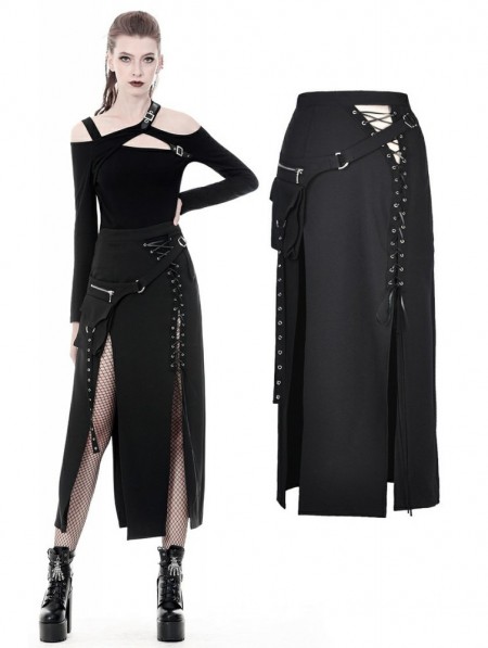 Dark in Love Black Gothic Punk Sexy Slit Irregular Long Skirt ...
