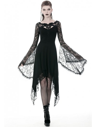 Dark in Love Black Gothic Lace Long Sleeve Asymmetrical Dress ...