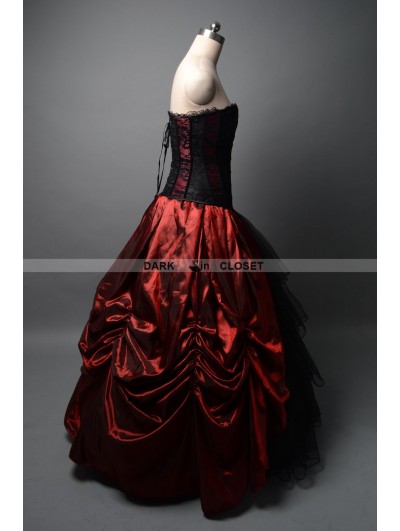 Wine Red and Black Gothic Corset Prom Ball Gown 