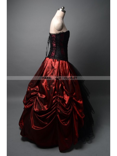 Wine Red and Black Gothic Corset Prom Ball Gown - DarkinCloset.com
