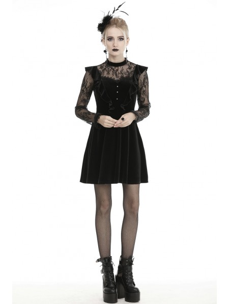 Dark in Love Black Cute Gothic Lace Velvet Long Sleeve Short Casual