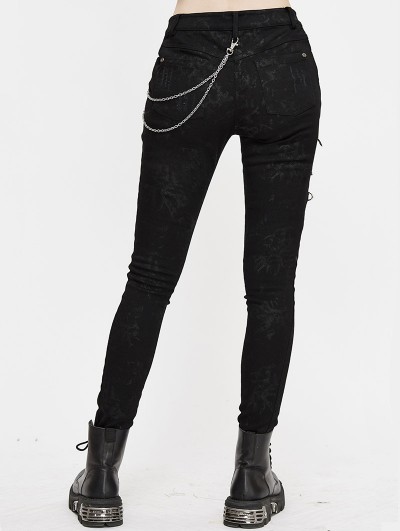 Devil Fashion Black Gothic Casual Punk Lace Up Slim Fit Pants for Women 