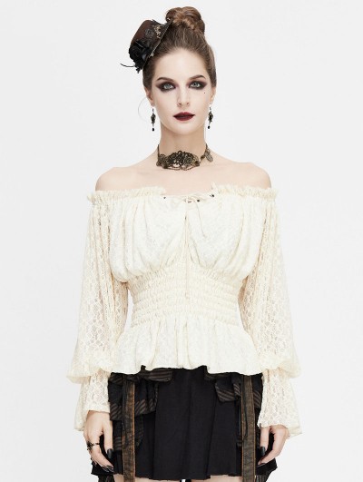 Devil Fashion Ivory Vintage Steampunk Lace Long Sleeve Top for Women