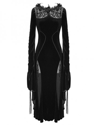 Eva Lady Black Gothic Long Trumpet Sleeves Sexy Velvet Dress