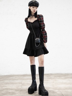 Punk Rave Black and Red Plaid Gothic Street Fashion Short Dress