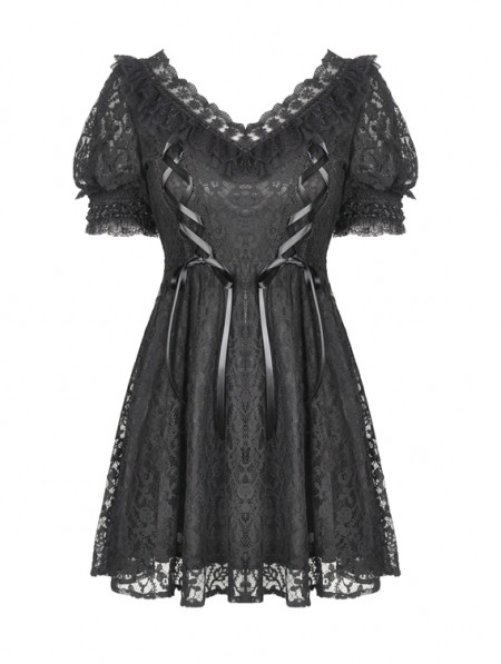 Dark in Love Black Gothic Lace Short Sleeve Daily Wear Dress ...