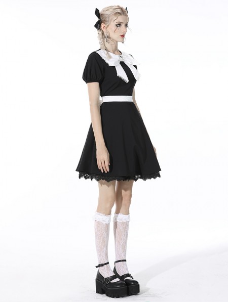 Dark in Love Black and White Cute Gothic Bow Daily Wear Short Dress ...