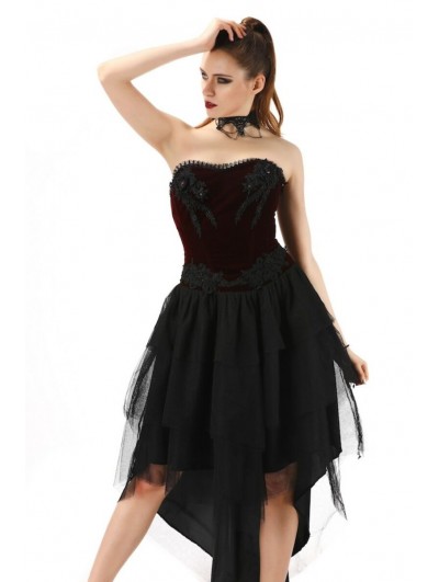 Pentagramme Dark Red and Black Gothic Velvet High-Low Corset Dress