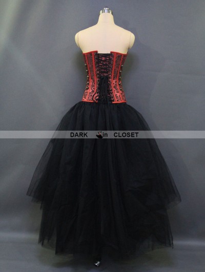 Red and Black Gothic Steampunk Burlesque Corset High-Low Prom Party Dress 