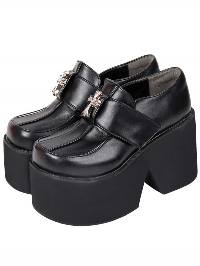 Women's Black Gothic Punk PU Leather Cross Decoration Platform Shoes