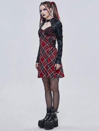 Gothic Punk Dark Style Costume - Women High Collar Retro Plaid Black Short  Sleeve Party Dress