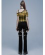 Punk Rave Yellow Gothic Grunge Daily Wear plaid Mesh T-Shirt for Women